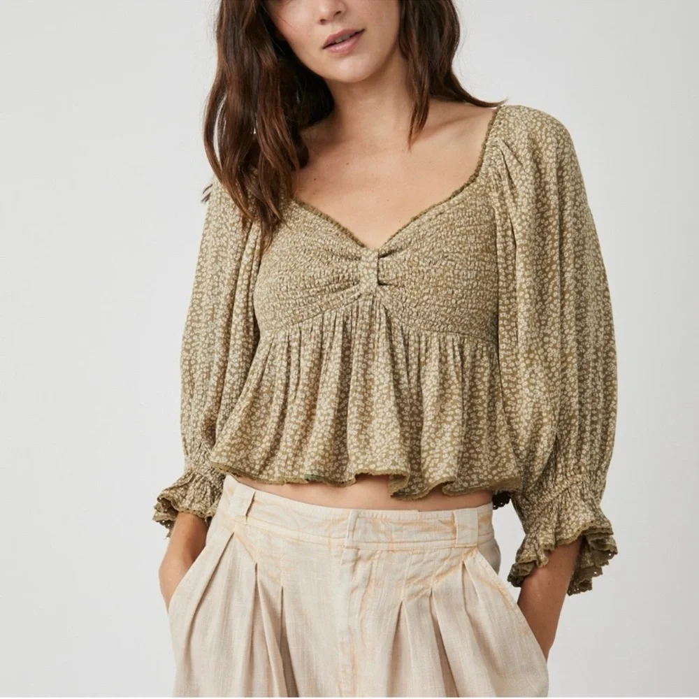 Free People Olive Floral Peasant Top